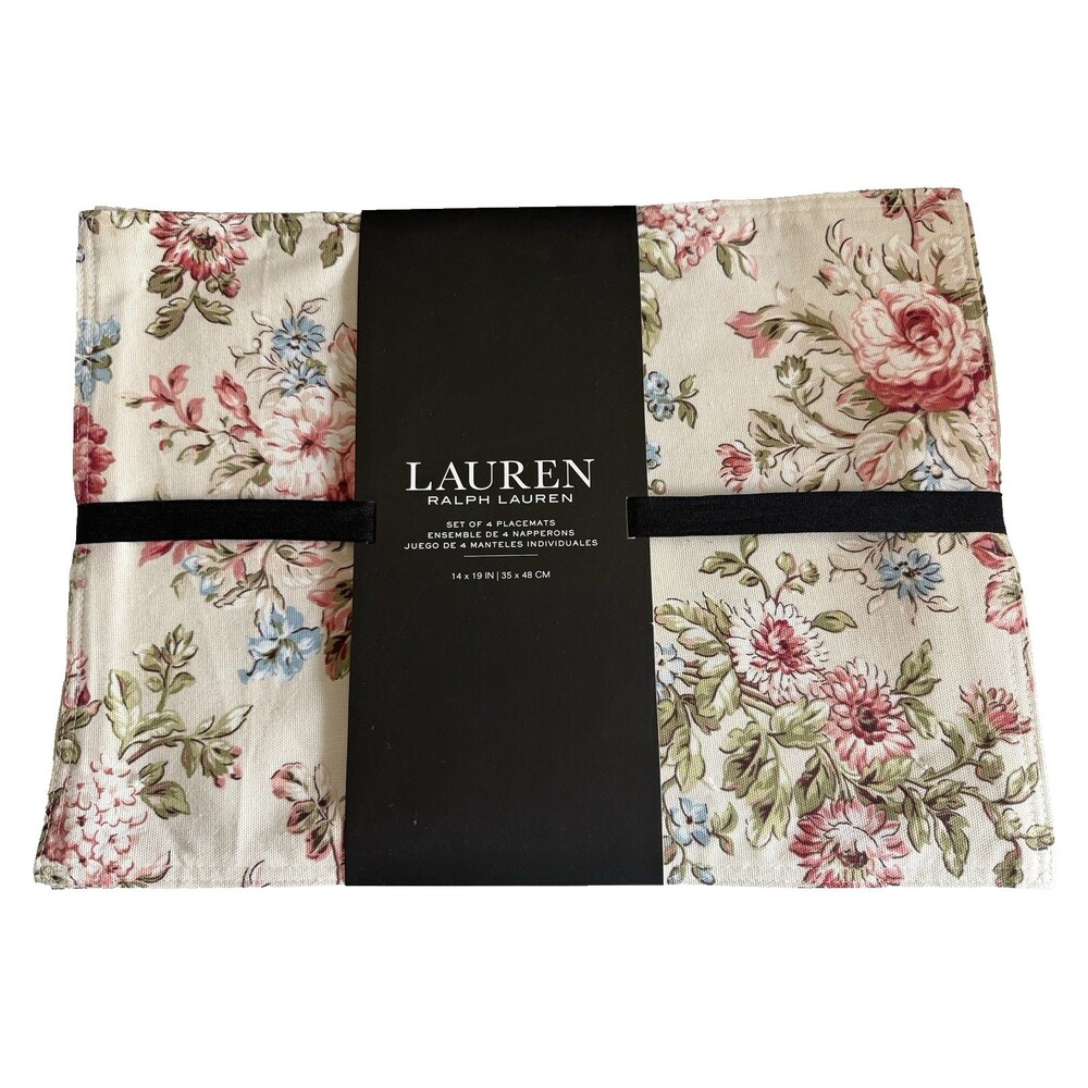 Ralph Lauren Floral Placemats 100% Cotton 14 X 19 Beige Pink Blue Machine Wash